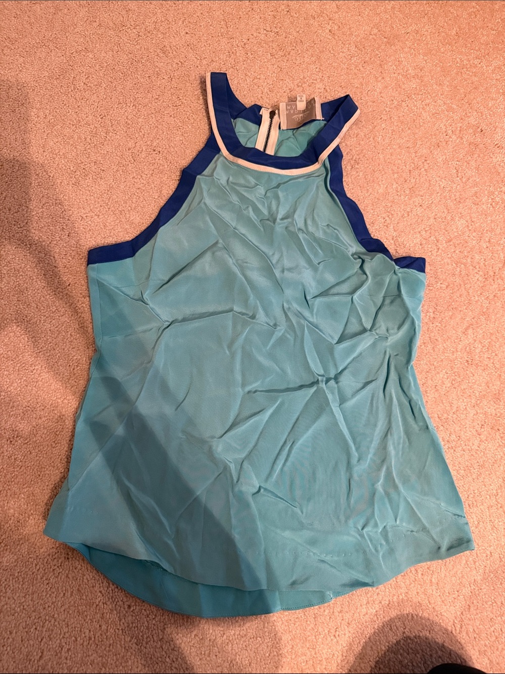 Light Teal Sleeveless Halter Top with Navy Trim Madison Marcus Xs